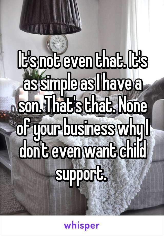 It's not even that. It's as simple as I have a son. That's that. None of your business why I don't even want child support. 