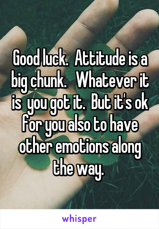 Good luck.  Attitude is a big chunk.   Whatever it is  you got it.  But it's ok for you also to have other emotions along the way. 