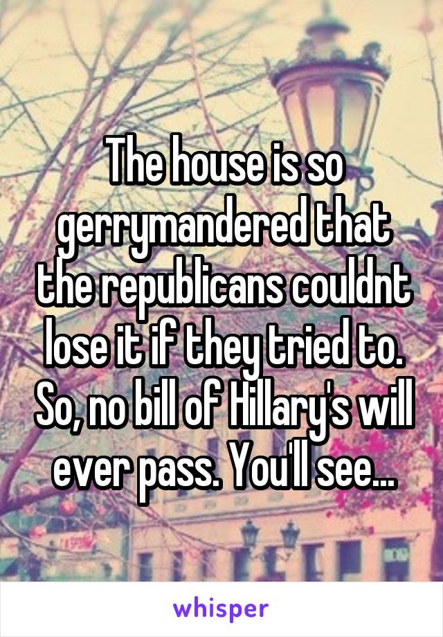 The house is so gerrymandered that the republicans couldnt lose it if they tried to. So, no bill of Hillary's will ever pass. You'll see...