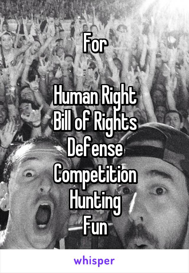For

Human Right
Bill of Rights
Defense
Competition
Hunting
Fun