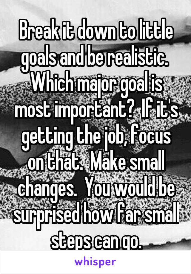 Break it down to little goals and be realistic.  Which major goal is most important?  If it's getting the job, focus on that.  Make small changes.  You would be surprised how far small steps can go.