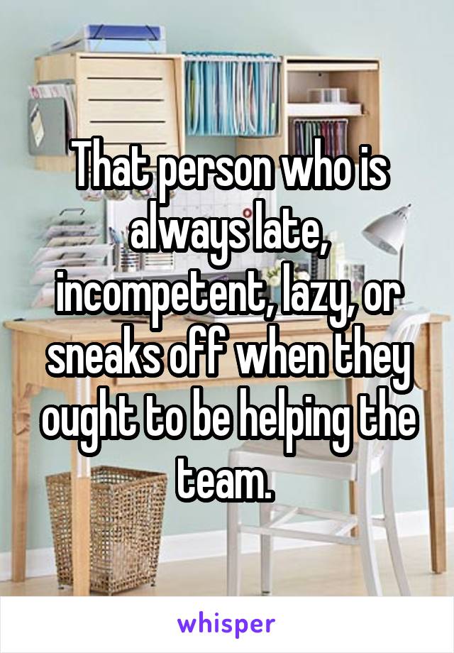 That person who is always late, incompetent, lazy, or sneaks off when they ought to be helping the team. 