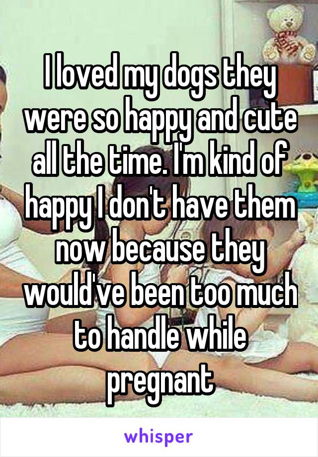 I loved my dogs they were so happy and cute all the time. I'm kind of happy I don't have them now because they would've been too much to handle while pregnant