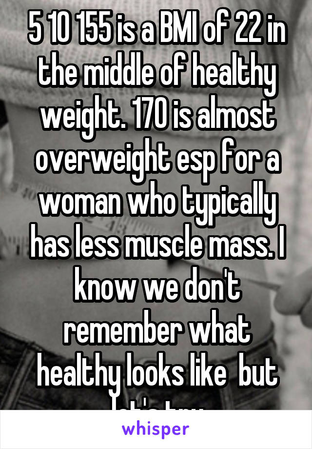 5 10 155 is a BMI of 22 in the middle of healthy weight. 170 is almost overweight esp for a woman who typically has less muscle mass. I know we don't remember what healthy looks like  but let's try