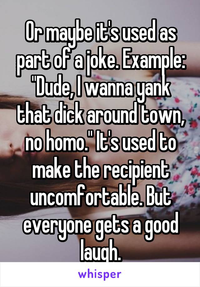 Or maybe it's used as part of a joke. Example: "Dude, I wanna yank that dick around town, no homo." It's used to make the recipient uncomfortable. But everyone gets a good laugh.