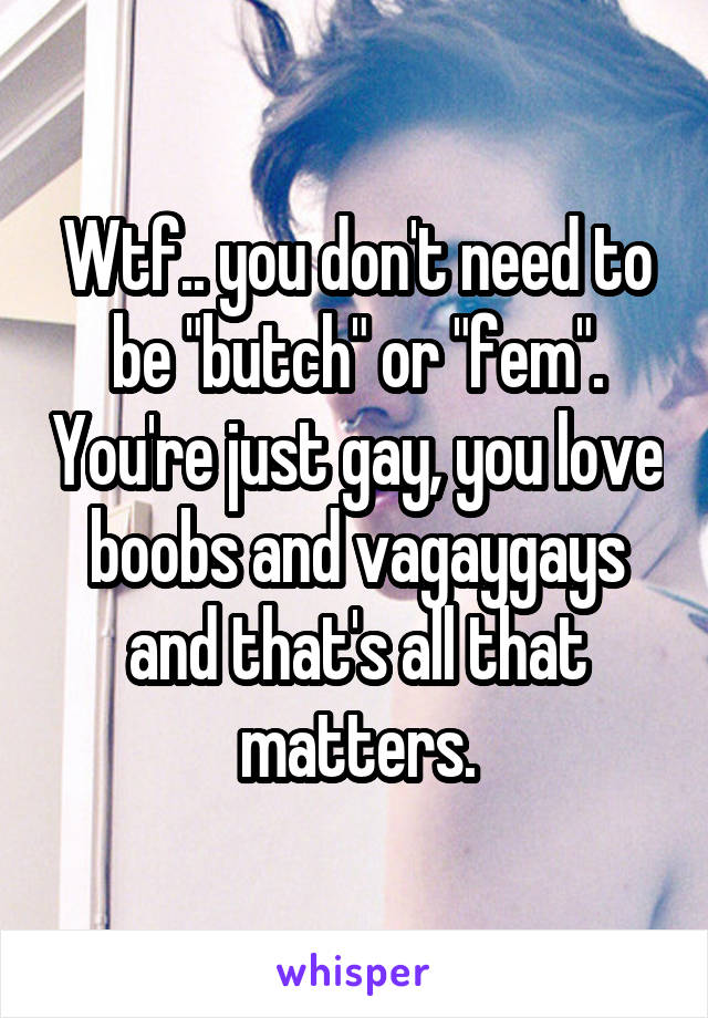 Wtf.. you don't need to be "butch" or "fem". You're just gay, you love boobs and vagaygays and that's all that matters.