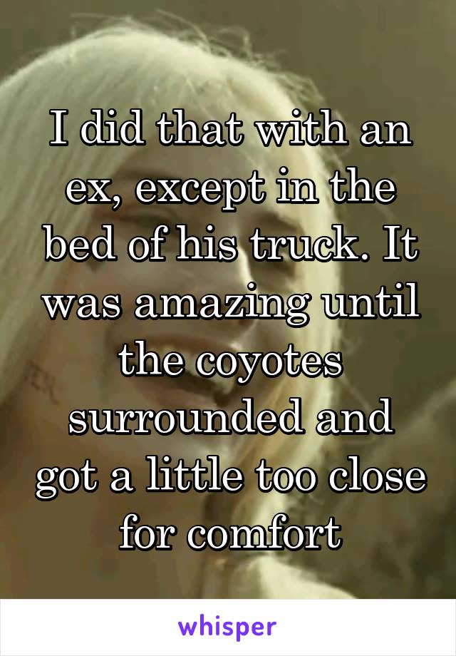 I did that with an ex, except in the bed of his truck. It was amazing until the coyotes surrounded and got a little too close for comfort