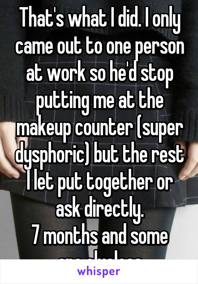 That's what I did. I only came out to one person at work so he'd stop putting me at the makeup counter (super dysphoric) but the rest I let put together or ask directly.
7 months and some are clueless