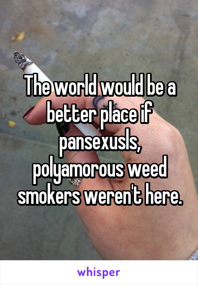 The world would be a better place if pansexusls, polyamorous weed smokers weren't here.