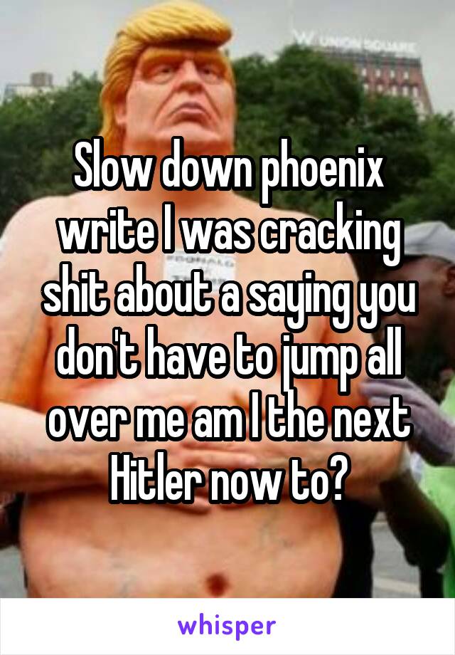 Slow down phoenix write I was cracking shit about a saying you don't have to jump all over me am I the next Hitler now to?