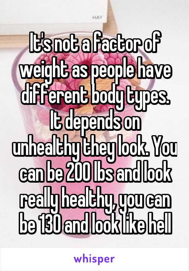 It's not a factor of weight as people have different body types.
It depends on unhealthy they look. You can be 200 lbs and look really healthy, you can be 130 and look like hell