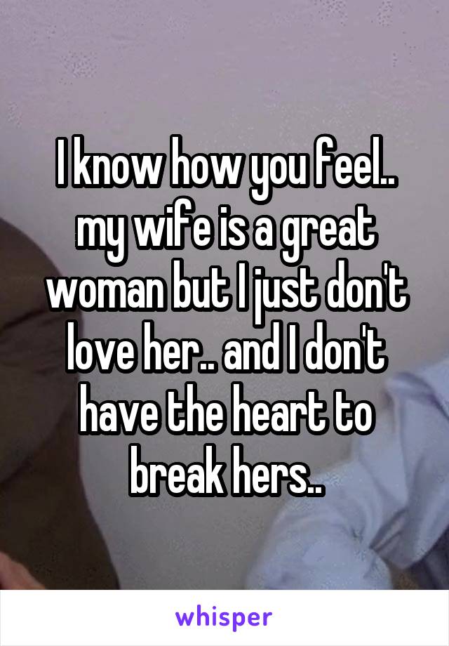 I know how you feel.. my wife is a great woman but I just don't love her.. and I don't have the heart to break hers..