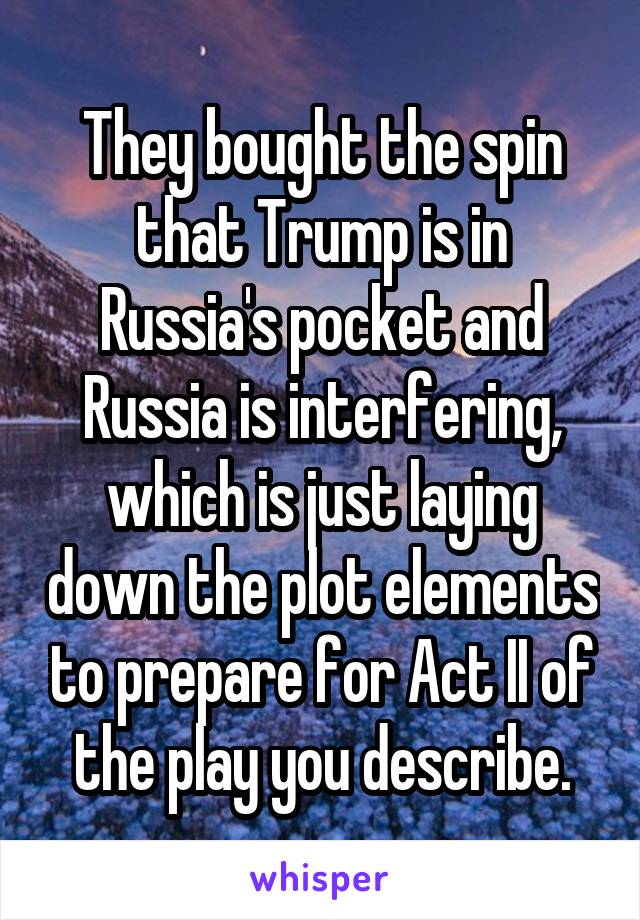They bought the spin that Trump is in Russia's pocket and Russia is interfering, which is just laying down the plot elements to prepare for Act II of the play you describe.