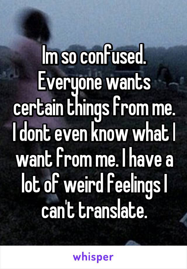 Im so confused. Everyone wants certain things from me. I dont even know what I want from me. I have a lot of weird feelings I can't translate.
