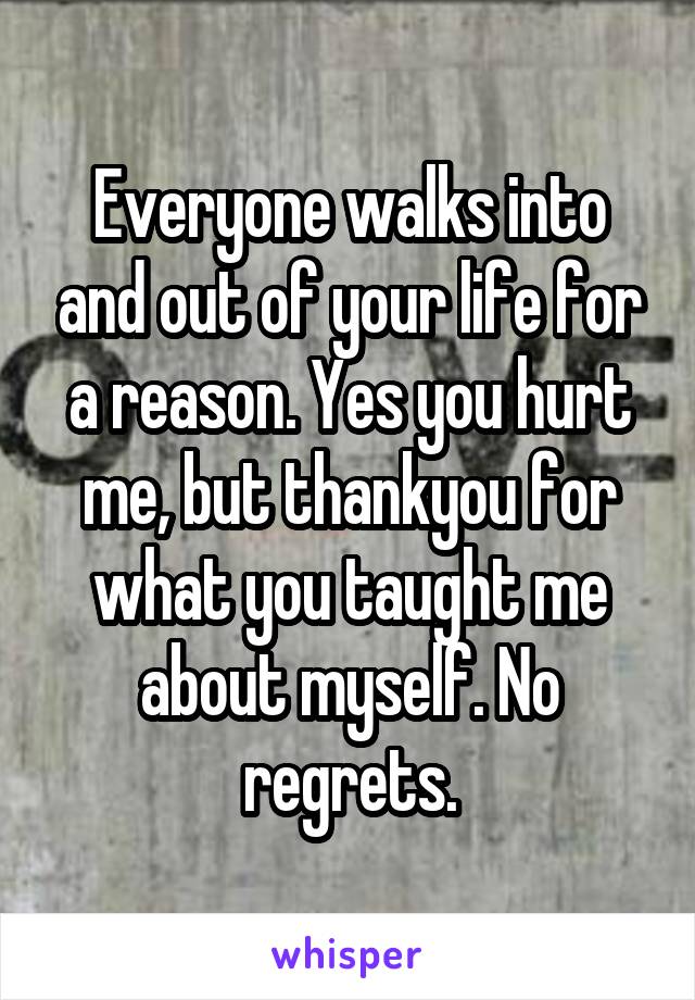 Everyone walks into and out of your life for a reason. Yes you hurt me, but thankyou for what you taught me about myself. No regrets.