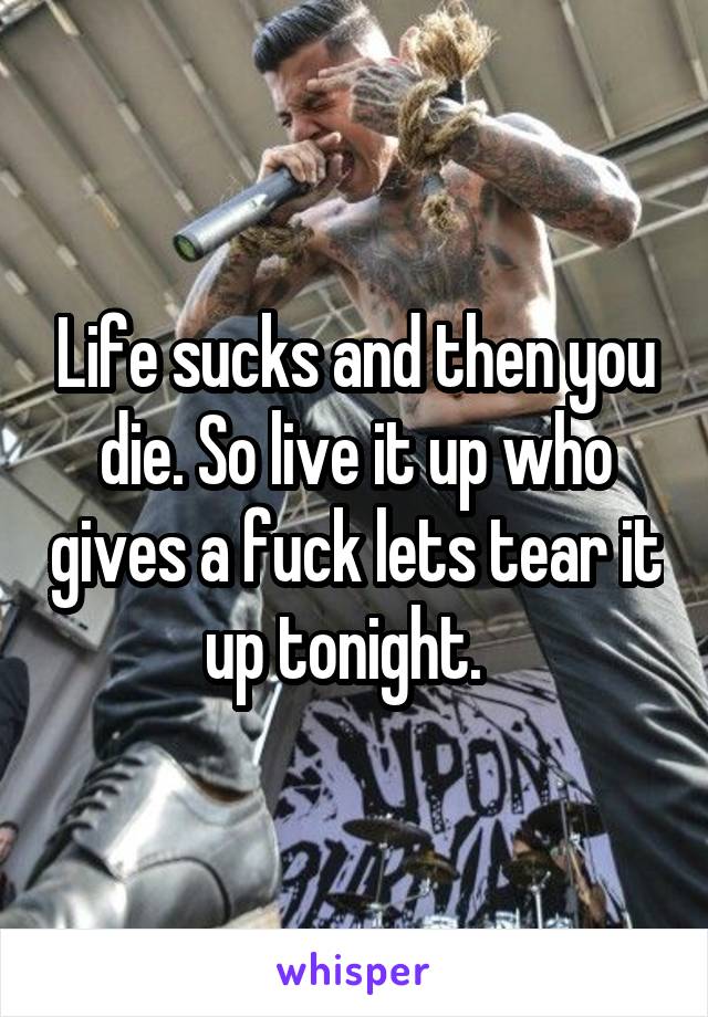 Life sucks and then you die. So live it up who gives a fuck lets tear it up tonight.  