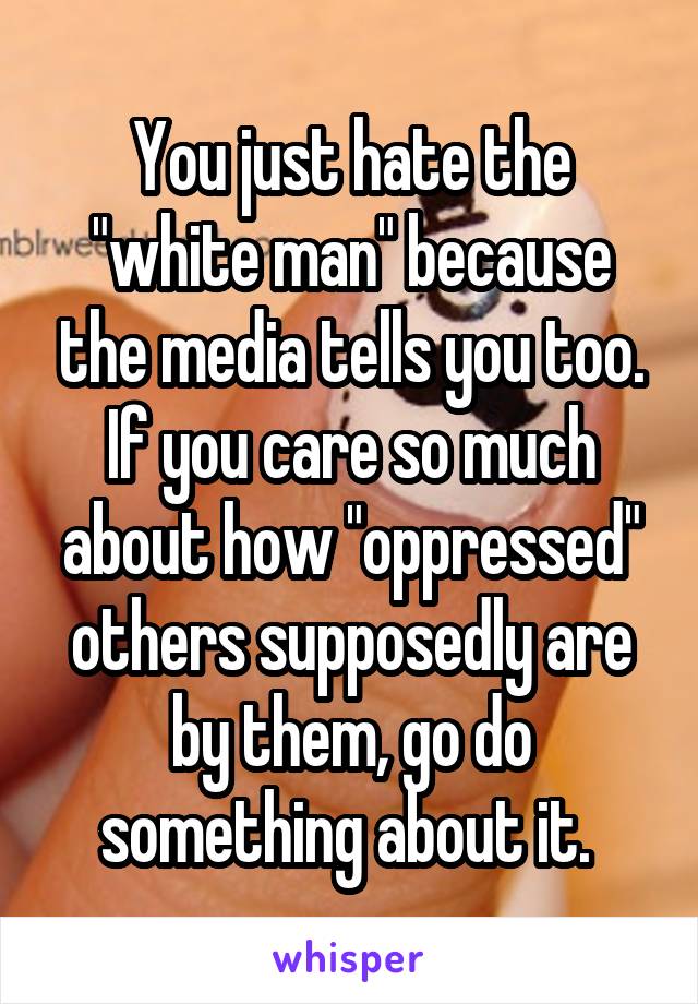 You just hate the "white man" because the media tells you too. If you care so much about how "oppressed" others supposedly are by them, go do something about it. 