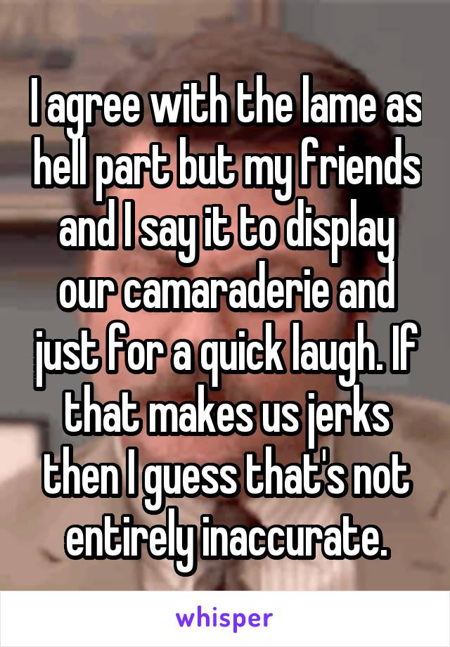 I agree with the lame as hell part but my friends and I say it to display our camaraderie and just for a quick laugh. If that makes us jerks then I guess that's not entirely inaccurate.