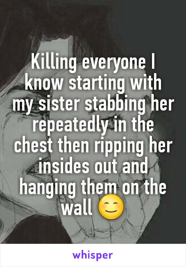 Killing everyone I know starting with my sister stabbing her repeatedly in the chest then ripping her insides out and hanging them on the wall 😊