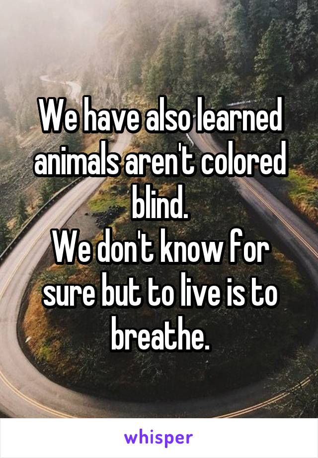 We have also learned animals aren't colored blind.
We don't know for sure but to live is to breathe.