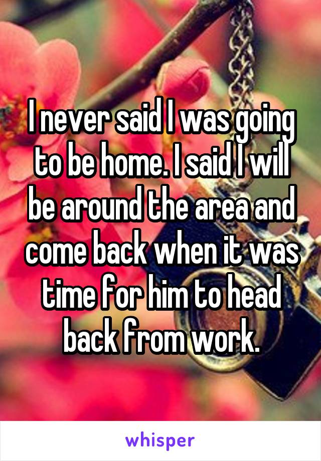 I never said I was going to be home. I said I will be around the area and come back when it was time for him to head back from work.