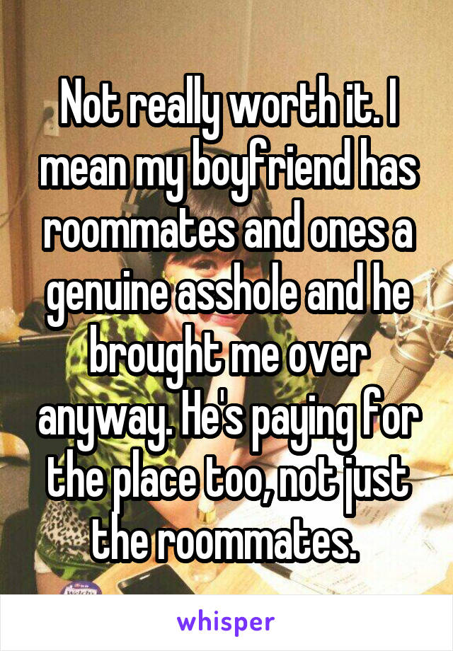 Not really worth it. I mean my boyfriend has roommates and ones a genuine asshole and he brought me over anyway. He's paying for the place too, not just the roommates. 