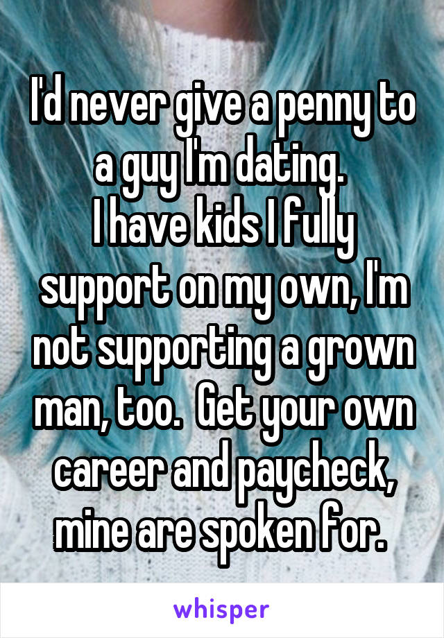 I'd never give a penny to a guy I'm dating. 
I have kids I fully support on my own, I'm not supporting a grown man, too.  Get your own career and paycheck, mine are spoken for. 