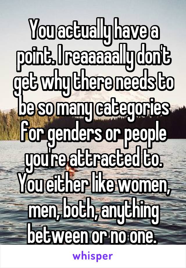You actually have a point. I reaaaaally don't get why there needs to be so many categories for genders or people you're attracted to. You either like women, men, both, anything between or no one. 