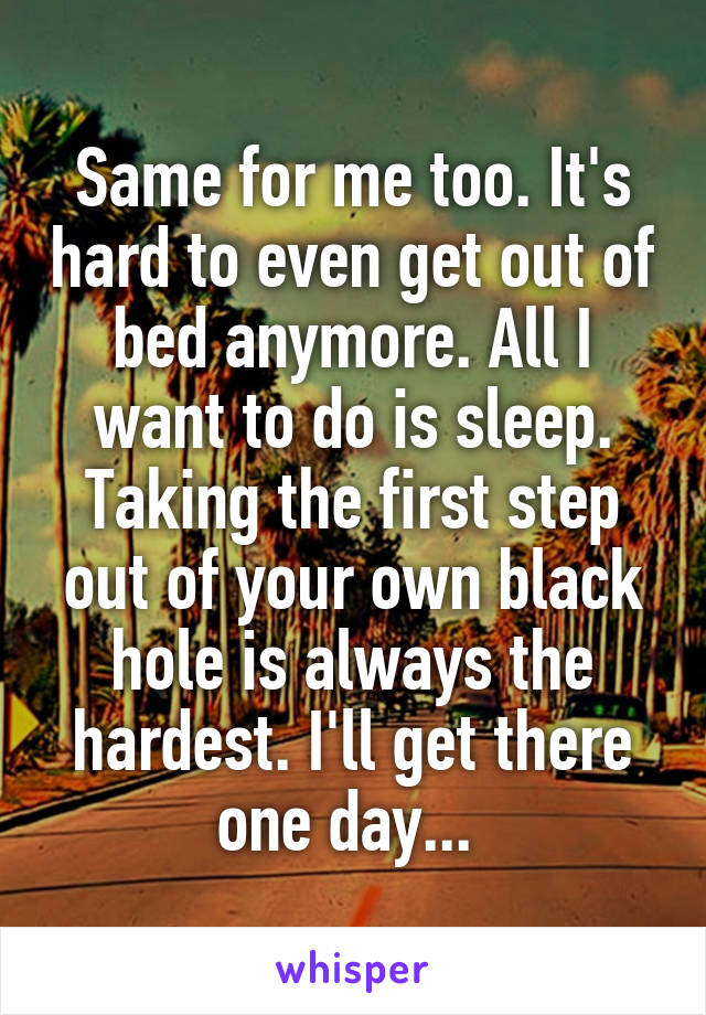 Same for me too. It's hard to even get out of bed anymore. All I want to do is sleep. Taking the first step out of your own black hole is always the hardest. I'll get there one day... 
