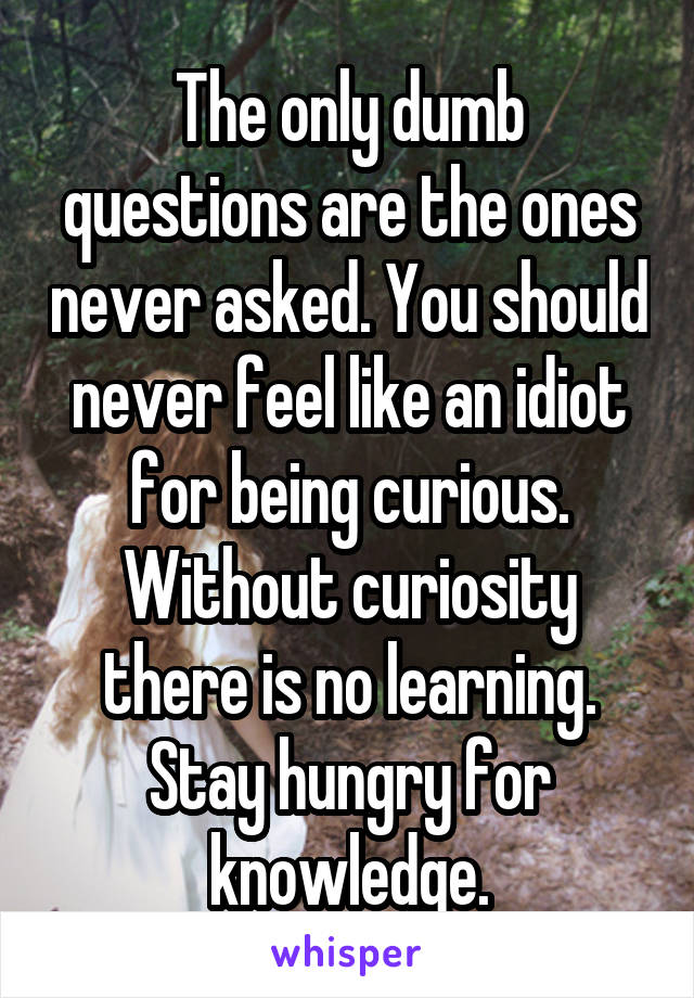 The only dumb questions are the ones never asked. You should never feel like an idiot for being curious. Without curiosity there is no learning. Stay hungry for knowledge.