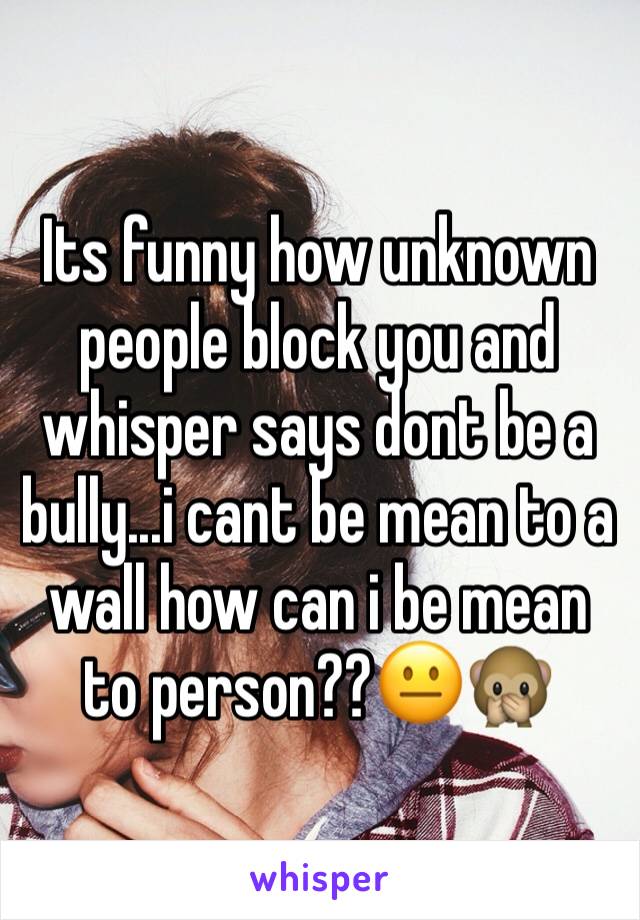 Its funny how unknown people block you and whisper says dont be a bully...i cant be mean to a wall how can i be mean to person??ðŸ˜�ðŸ™Š