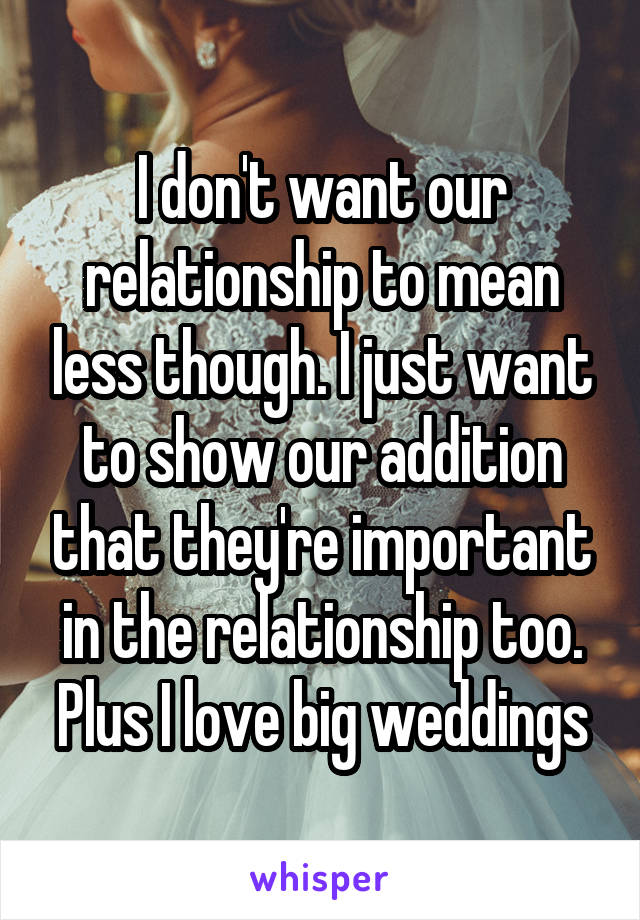 I don't want our relationship to mean less though. I just want to show our addition that they're important in the relationship too. Plus I love big weddings