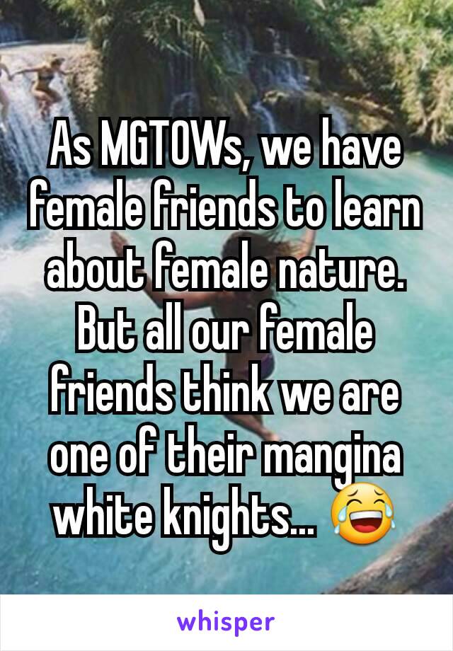 As MGTOWs, we have female friends to learn about female nature. But all our female friends think we are one of their mangina white knights... 😂