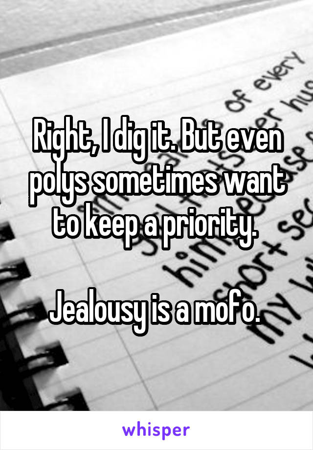 Right, I dig it. But even polys sometimes want to keep a priority. 

Jealousy is a mofo. 