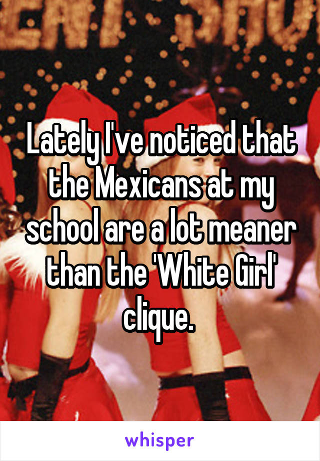 Lately I've noticed that the Mexicans at my school are a lot meaner than the 'White Girl' clique. 