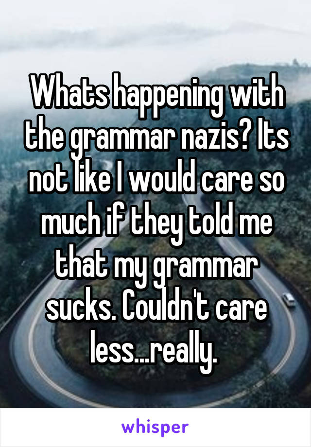 Whats happening with the grammar nazis? Its not like I would care so much if they told me that my grammar sucks. Couldn't care less...really. 