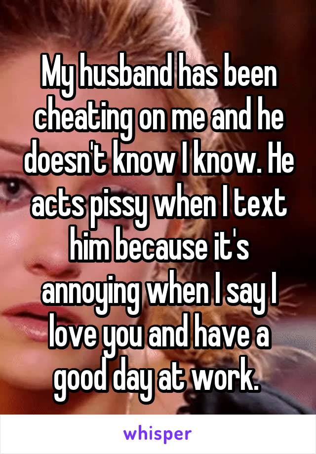 My husband has been cheating on me and he doesn't know I know. He acts pissy when I text him because it's annoying when I say I love you and have a good day at work. 