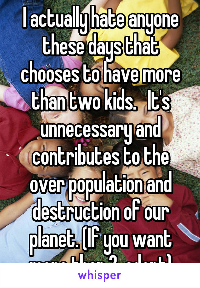 I actually hate anyone these days that chooses to have more than two kids.   It's unnecessary and contributes to the over population and destruction of our planet. (If you want more than 2, adopt)