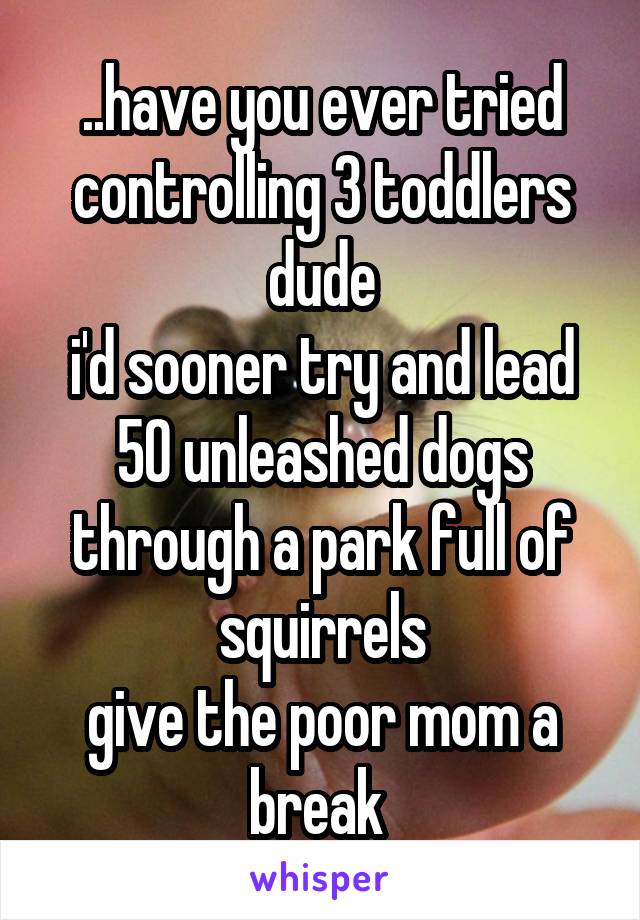 ..have you ever tried controlling 3 toddlers dude
i'd sooner try and lead 50 unleashed dogs through a park full of squirrels
give the poor mom a break 