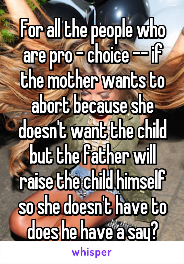 For all the people who are pro - choice -- if the mother wants to abort because she doesn't want the child but the father will raise the child himself so she doesn't have to does he have a say?