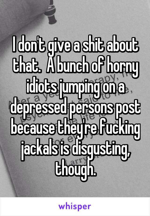 I don't give a shit about that.  A bunch of horny idiots jumping on a depressed persons post because they're fucking jackals is disgusting, though.