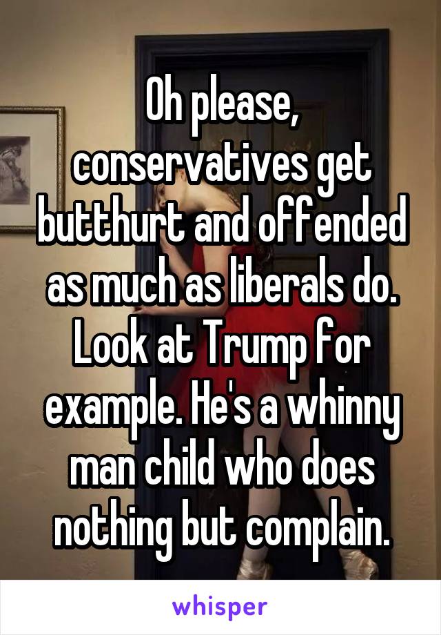 Oh please, conservatives get butthurt and offended as much as liberals do. Look at Trump for example. He's a whinny man child who does nothing but complain.