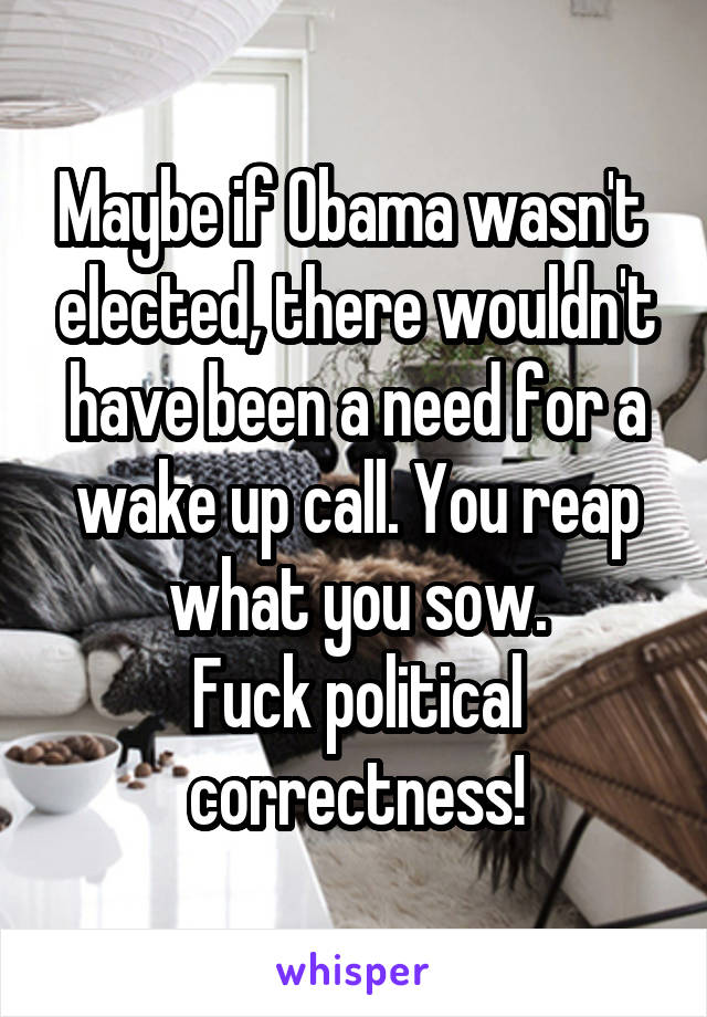 Maybe if Obama wasn't  elected, there wouldn't have been a need for a wake up call. You reap what you sow.
Fuck political correctness!