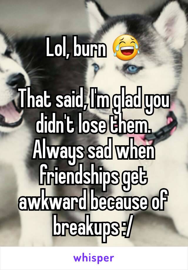 Lol, burn 😂

That said, I'm glad you didn't lose them. Always sad when friendships get awkward because of breakups :/