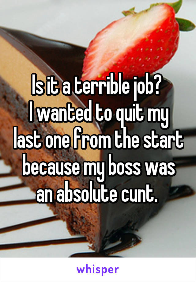 Is it a terrible job? 
I wanted to quit my last one from the start because my boss was an absolute cunt. 