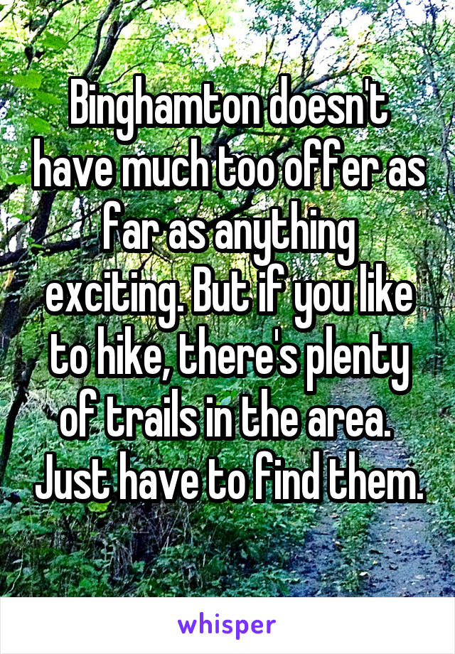 Binghamton doesn't have much too offer as far as anything exciting. But if you like to hike, there's plenty of trails in the area.  Just have to find them. 