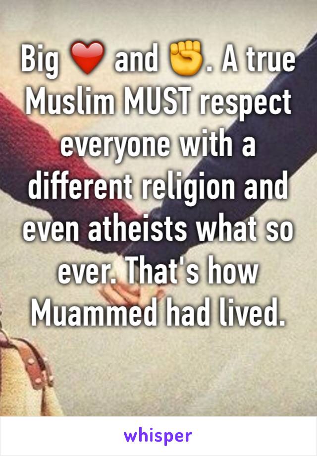 Big ❤️ and ✊. A true Muslim MUST respect everyone with a different religion and even atheists what so ever. That's how Muammed had lived.