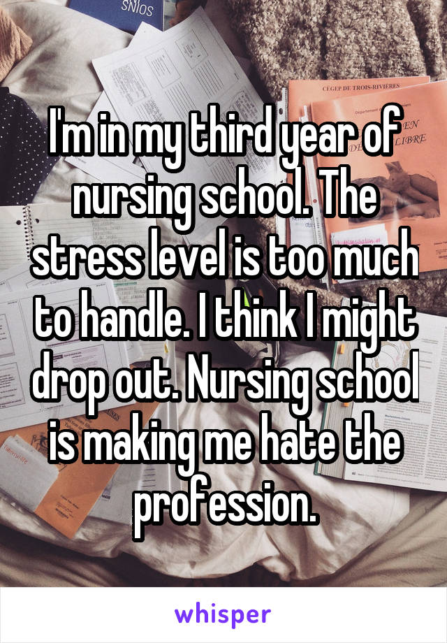 I'm in my third year of nursing school. The stress level is too much to handle. I think I might drop out. Nursing school is making me hate the profession.