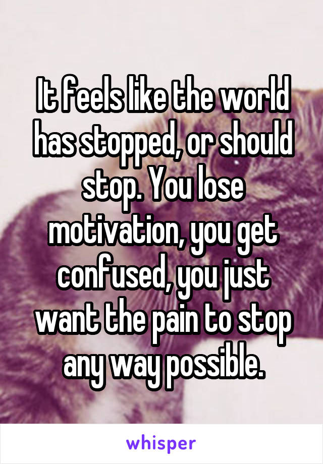 It feels like the world has stopped, or should stop. You lose motivation, you get confused, you just want the pain to stop any way possible.