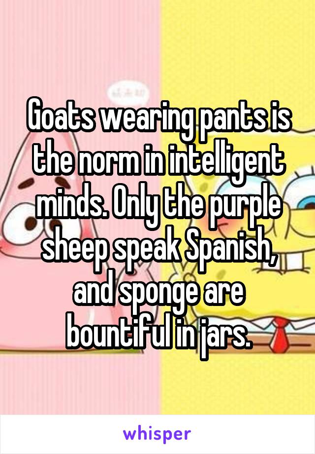 Goats wearing pants is the norm in intelligent minds. Only the purple sheep speak Spanish, and sponge are bountiful in jars.